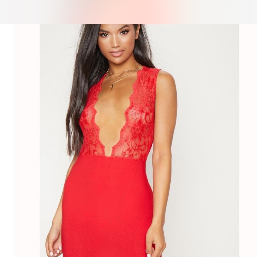 *NEW*Red Lace Plunge Mini Dress